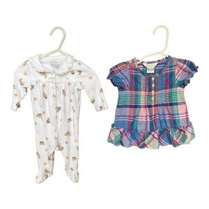 Ralph Lauren Baby Girl White Printed Onesie Plaid Dress Bundle 3 Months Infant